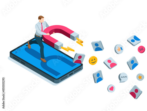 isometric man with a magnet on the smartphone screen, in color on a white background, business marketing or attracting subscribers and users of the Internet and social networks