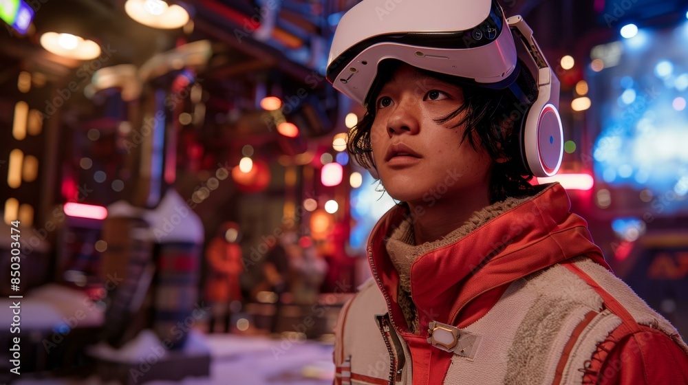 A person wearing a white headset and looking at something, possibly a video game or a computer screen. A person wearing a white headset and looking at something, possibly a video game or a computer screen.