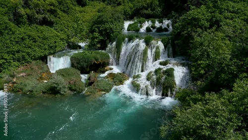 Aerial views of Skradinski Buk in Krka National Park, Croatia, reveal the natural wonder and tranquil beauty of this famous waterfall.
