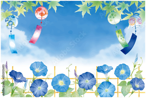 水彩タッチの風鈴と朝顔の夏の爽やかな暑中見舞いイラスト