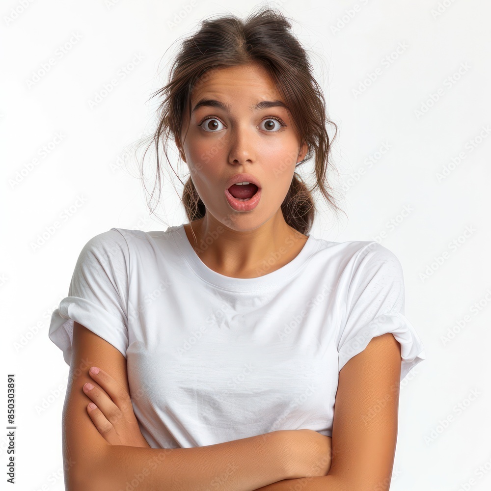 Latin woman, surprised and happy white t-shirt white background Latin woman, surprised and happy white t-shirt white background