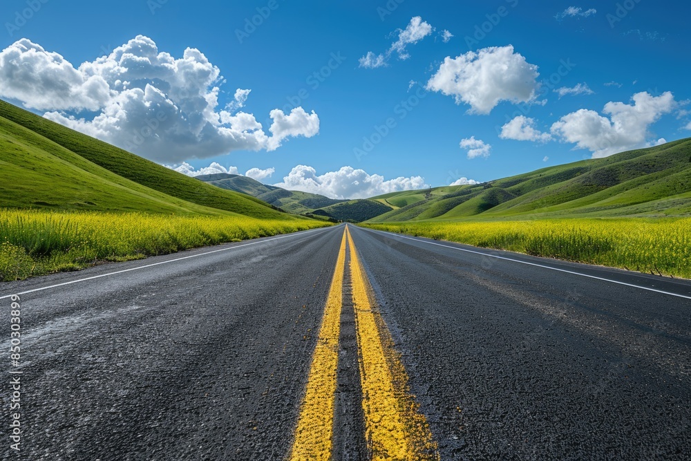 The asphalt road leading to the distance on the grassland The asphalt road leading to the distance on the grassland
