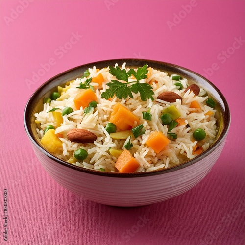 Indian food veg biryani or veg pulav on pink background