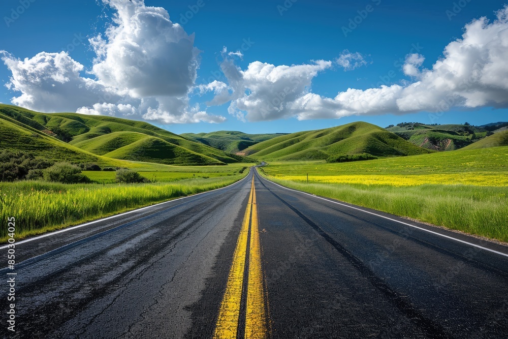 Naklejka premium The asphalt road leading to the distance on the grassland