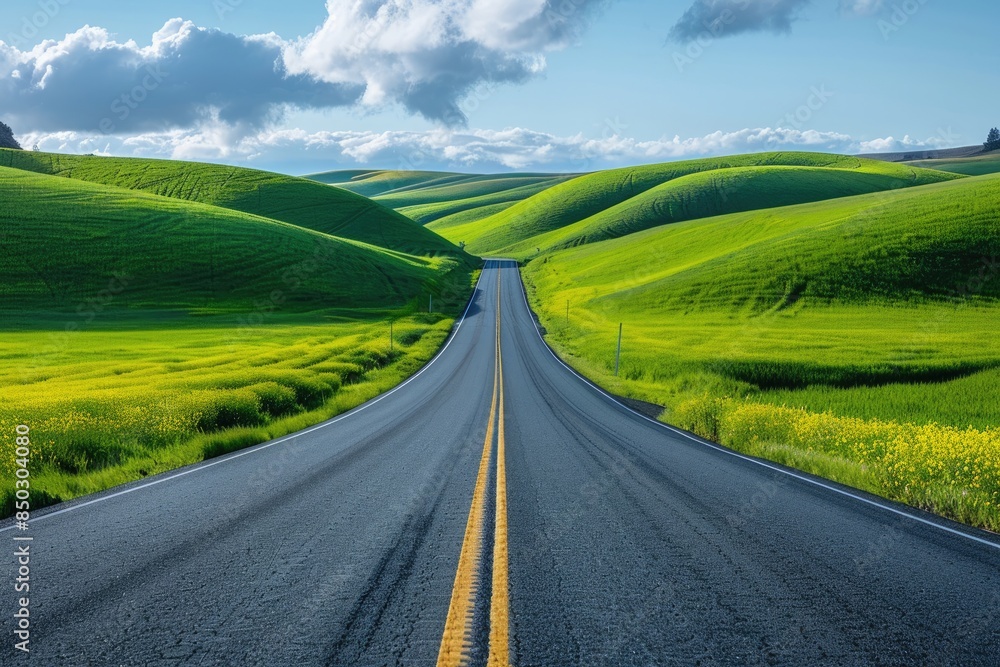 Fototapeta premium The asphalt road leading to the distance on the grassland