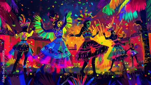 Festivals depicted with joyful colors and dynamic energy in Hispanic art background