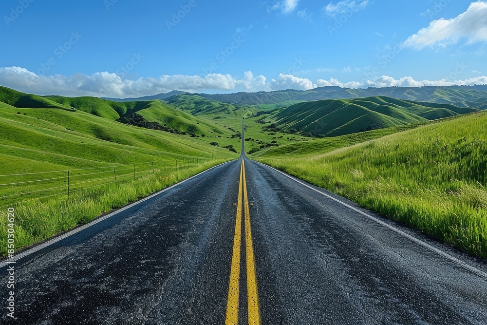 Fototapeta premium The asphalt road leading to the distance on the grassland