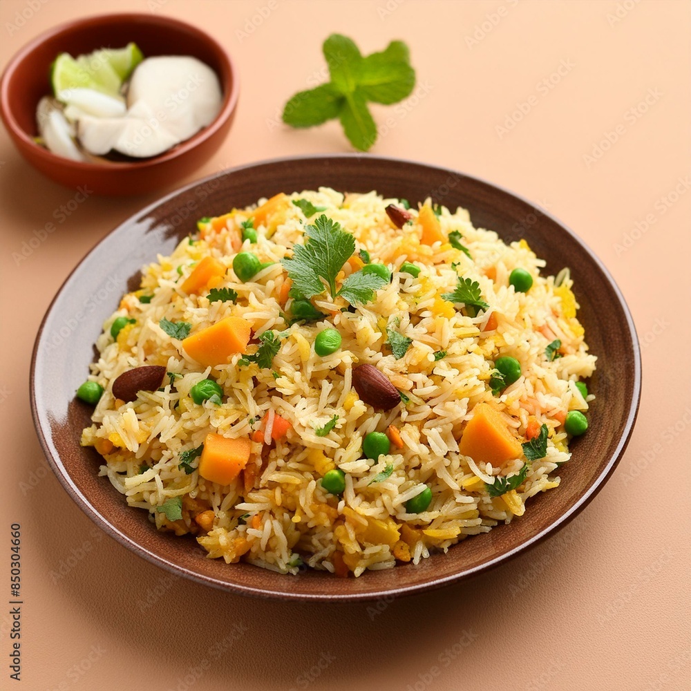 Indian food veg biryani or veg pulav on tan background Indian food veg biryani or veg pulav on tan background