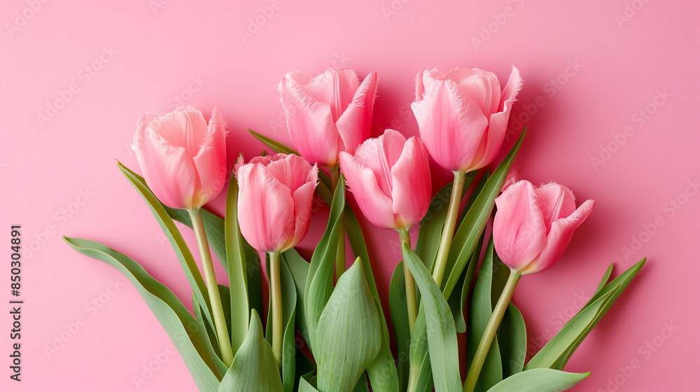 A bouquet of pink tulips arranged neatly on a vibrant pink background symbolizing spring and freshness A bouquet of pink tulips arranged neatly on a vibrant pink background symbolizing spring and freshness