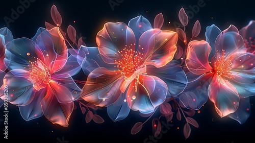 Floral design made of repeating pentagons, vibrant neon colors, dark background, hd quality, digital art, high contrast, geometric precision, modern design, artistic composition, dynamic and lively.