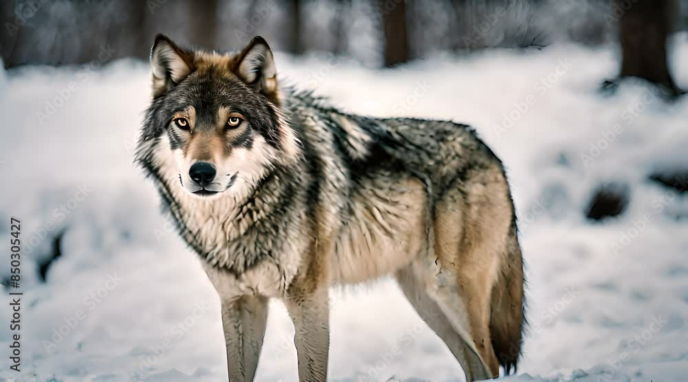 lone gray wolf standing on snow-covered ground in a forest, looking directly at the camera with intense yellow eyes, showcasing its thick fur and powerful stance lone gray wolf standing on snow-covered ground in a forest, looking directly at the camera with intense yellow eyes, showcasing its thick fur and powerful stance