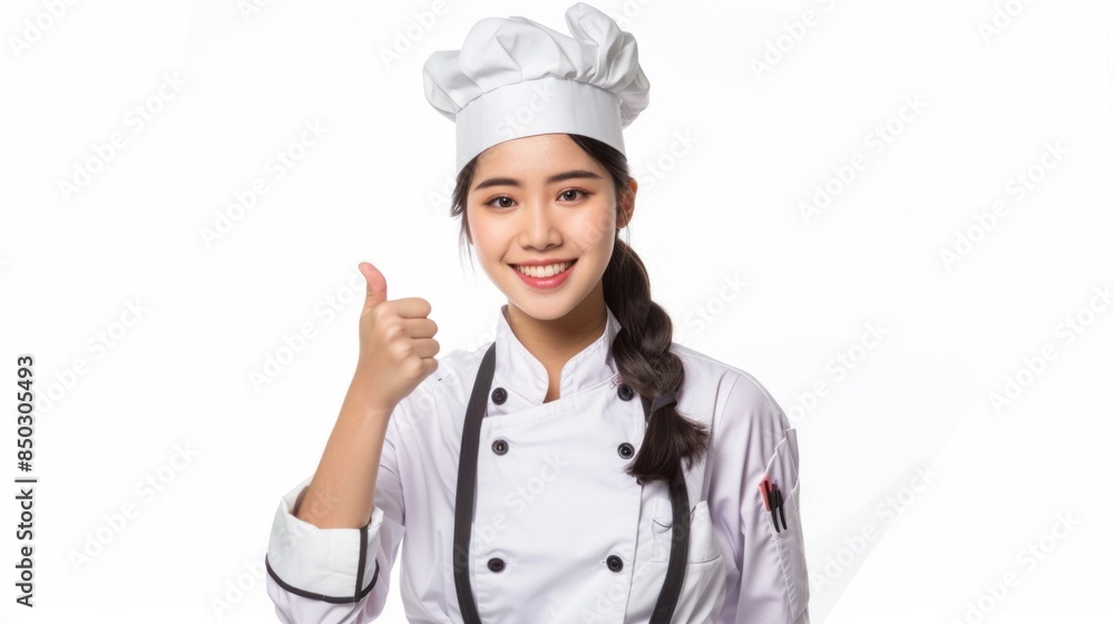 A smiling woman chef wearing a white hat and a white chef's coat A smiling woman chef wearing a white hat and a white chef's coat