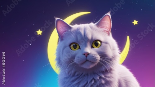 A charming white cat with bright yellow eyes sits in front of a crescent moon and stars, exuding a magical and dreamy nighttime aura