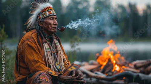 A red Indian wearing Indian clothing sat by a campfire smoking a pipe.