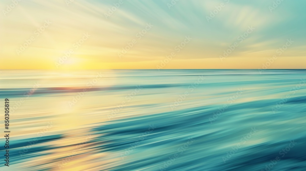 Fototapeta premium Sunset on the beach abstract Motion blur abstract seascape in light turquoise and yellow colors copy space : Generative AI