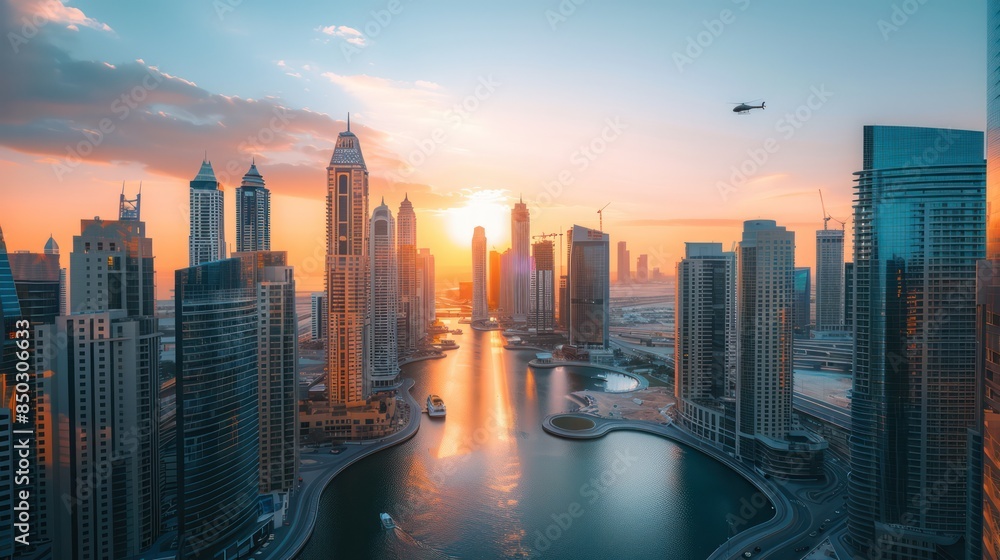 Drone view of Sheikh Zayed Road in Dubai from a tall building. The midday sun hits the surface of the water. A helicopter flying into the distance. Drone view of Sheikh Zayed Road in Dubai from a tall building. The midday sun hits the surface of the water. A helicopter flying into the distance.
