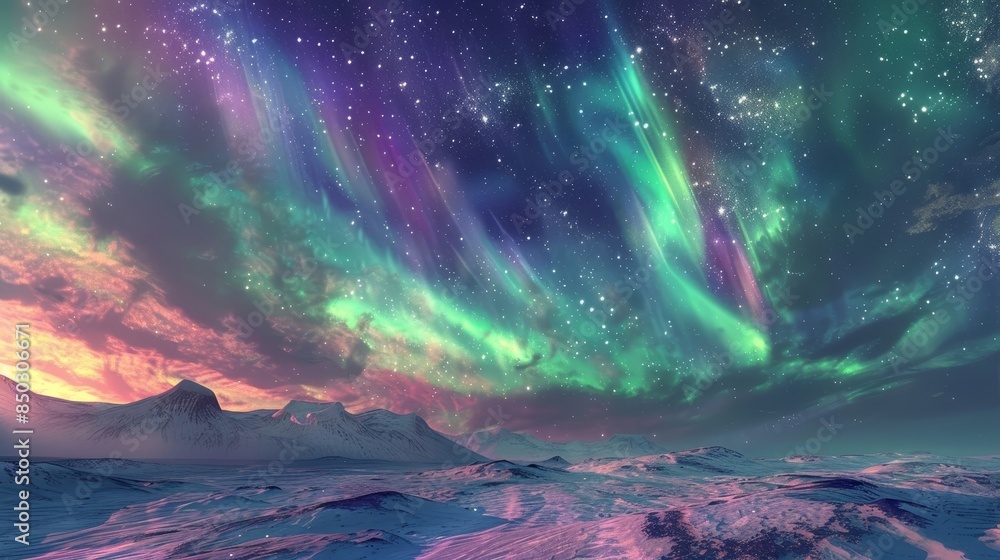 Dancing aurora borealis casts glow over snowy landscape background Dancing aurora borealis casts glow over snowy landscape background