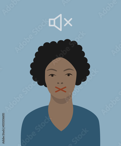 Woman with cross on her mouth, mutism, unable to speak, concept of silence.