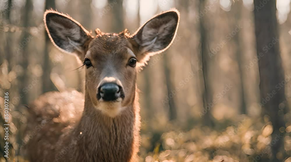 young deer standing in a sunlit forest, looking curiously at the camera with large, attentive eyes, highlighting its delicate features and the warm natural light filtering through the trees young deer standing in a sunlit forest, looking curiously at the camera with large, attentive eyes, highlighting its delicate features and the warm natural light filtering through the trees