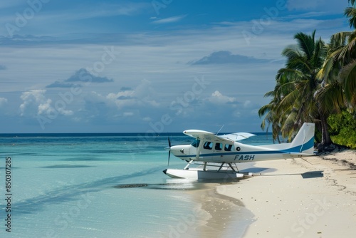 A sea plane parked on a remote island beach