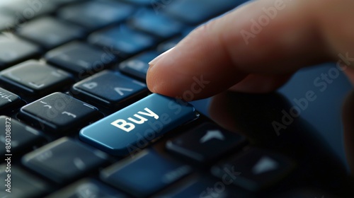 An ultra-sharp and clear photograph of a finger pressing a "Buy" button on a computer keyboard, with detailed keys and a background in perfect focus