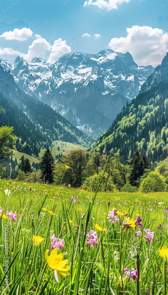Fototapeta premium Picturesque alpine mountain scenery with vibrant blooming meadows on a sunny spring day