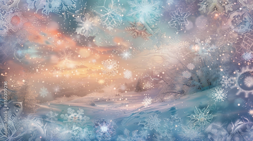 Fototapeta premium Surreal winter enchantment with sparkling snowflakes and pastel colors background