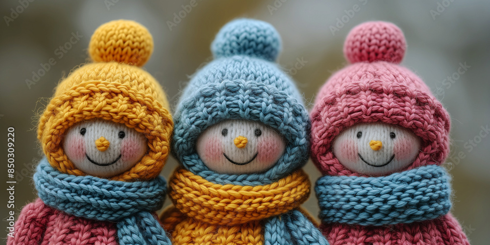 Happy smiling snowman with a wool hat, scarf and pullover, christmas holiday, autumn and winter season Happy smiling snowman with a wool hat, scarf and pullover, christmas holiday, autumn and winter season