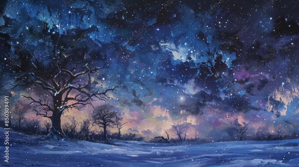 Stars and distant nebulae create cosmic winter scene background Stars and distant nebulae create cosmic winter scene background