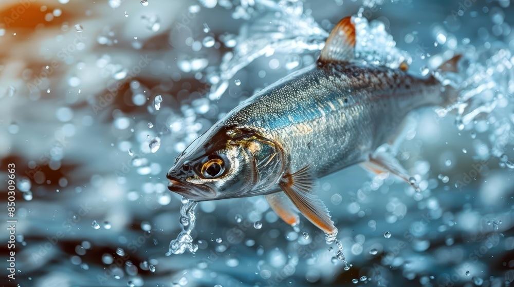 Dynamic shot of a silver fish leaping out of water, showcasing the beauty and power of aquatic life in stunning detail Dynamic shot of a silver fish leaping out of water, showcasing the beauty and power of aquatic life in stunning detail