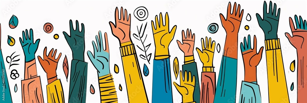 Colorful hands raised in the air with geometric shapes on a white background, illustration for World Humanity Day or celebrating diversity, equality and inclusion. Colorful hands raised in the air with geometric shapes on a white background, illustration for World Humanity Day or celebrating diversity, equality and inclusion.