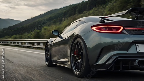 Close-up of wheel of fast sports car on highway: high speed auto in motion blur
, car driving on the road