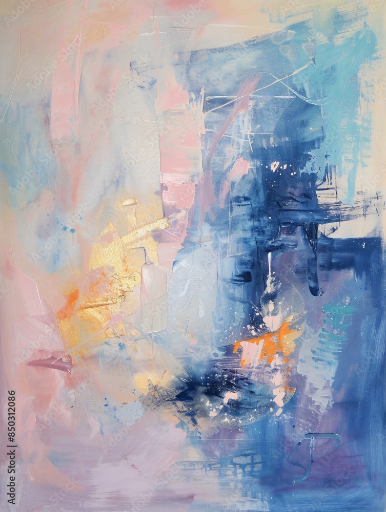 Naklejka premium Vibrant blue, pink, and gold abstract painting with captivating colors and textures. Evoking movement and depth, inviting exploration