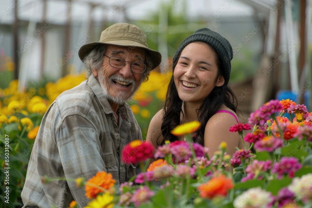 Obraz premium Old men and young women playing with flowers together