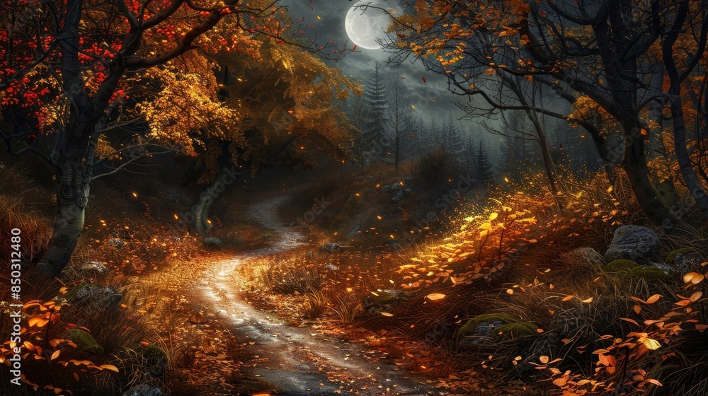Moonlit forest path in autumn with rustling leaves background Moonlit forest path in autumn with rustling leaves background