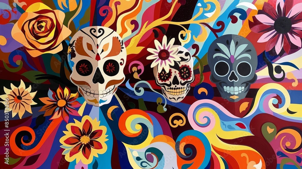 Abstract Day of the Dead with skulls and flowers in bold geometric shapes and vibrant colors background Abstract Day of the Dead with skulls and flowers in bold geometric shapes and vibrant colors background