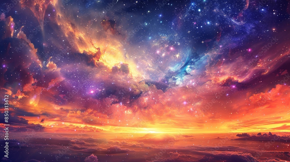 Shimmering galaxies and nebulae in a cosmic Day of the Dead sky background Shimmering galaxies and nebulae in a cosmic Day of the Dead sky background