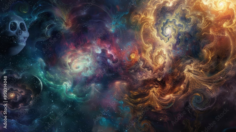 Fototapeta premium Celestial composition with swirling nebulae and sugar skulls background