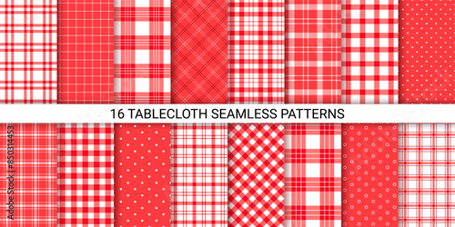 Cloth seamless pattern. Vichy background. Set red tablecloth. Checkered prints for table. Picnic kitchen textures. Gingham plaid textile. Retro tartan backdrops. Geometric design. Vector illustration