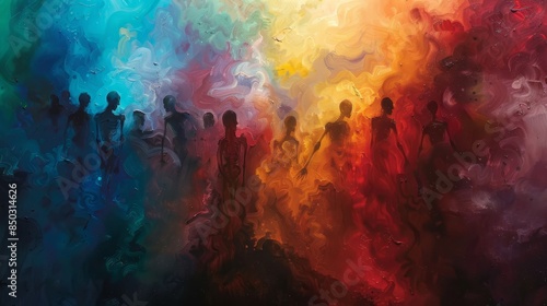 Swirling colors and mists featuring faint silhouettes of dancing figures background © javier