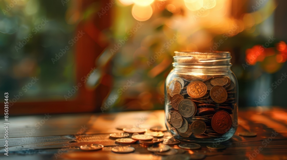 Glass jar filled with various coins against a blurred background, symbolizing savings, investment, or financial planning Glass jar filled with various coins against a blurred background, symbolizing savings, investment, or financial planning