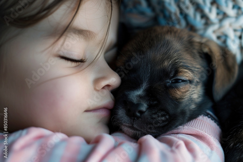 Young girl sleeping and cuddling with her puppy. Ai generative © ArtmediaworX