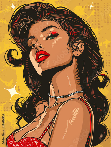 beautiful brunette woman with long hair , retro style pop art pin up, flat vector illustration