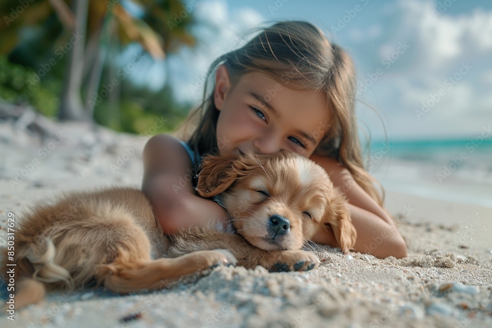 Young girl cuddling with her puppy at the tropical beach. Ai generative Young girl cuddling with her puppy at the tropical beach. Ai generative