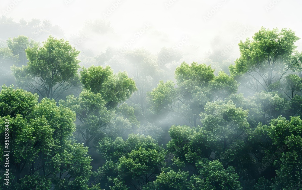 Lush green forest with misty canopy, creating a serene and tranquil natural landscape under a clear white sky Lush green forest with misty canopy, creating a serene and tranquil natural landscape under a clear white sky