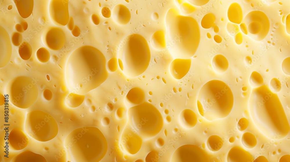 Close-Up View of Yellow Swiss Cheese Texture With Large Holes Background
