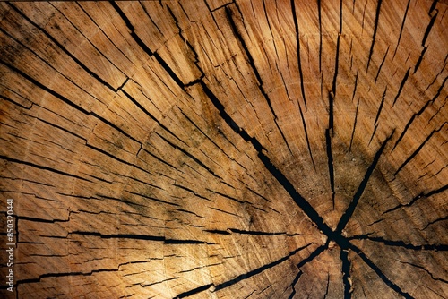 Close-up of a tree trunk cross section showing concentric rings and radial cracks. The wood texture and weathered appearance highlight the tree's age and natural patterns.