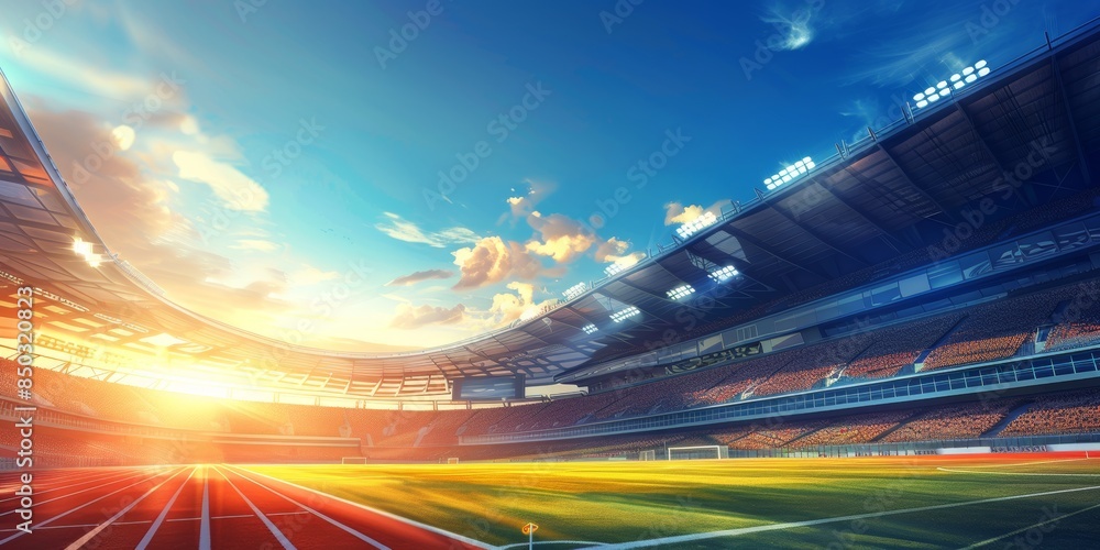Modern soccer stadium with an empty field and vibrant seats, showcasing a spacious arena ready for competitive sports and events, Generative AI Modern soccer stadium with an empty field and vibrant seats, showcasing a spacious arena ready for competitive sports and events, Generative AI
