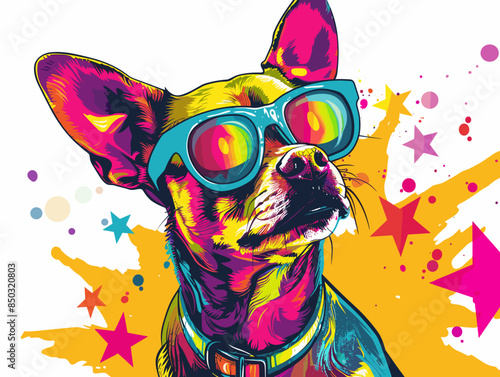 A dog wearing sunglasses and a yellow star on its head