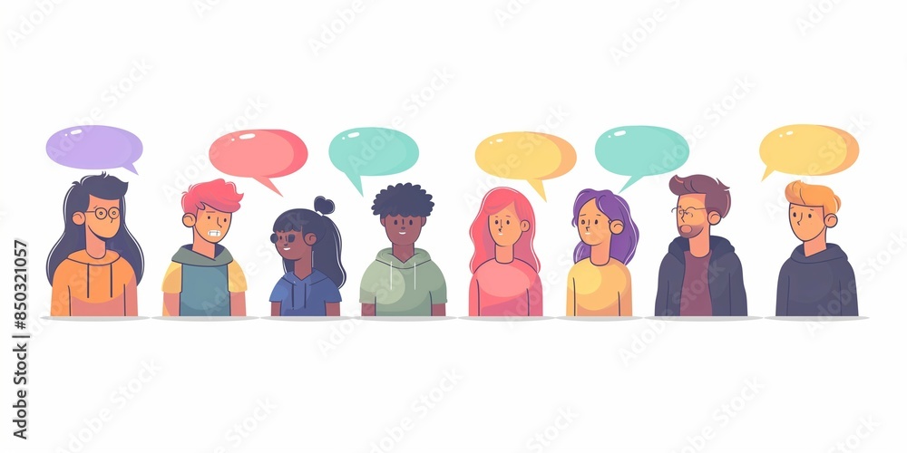DEI Illustration of diverse people with speech bubbles engaging in conversation, symbolizing social media communication and interaction on a white background DEI Illustration of diverse people with speech bubbles engaging in conversation, symbolizing social media communication and interaction on a white background